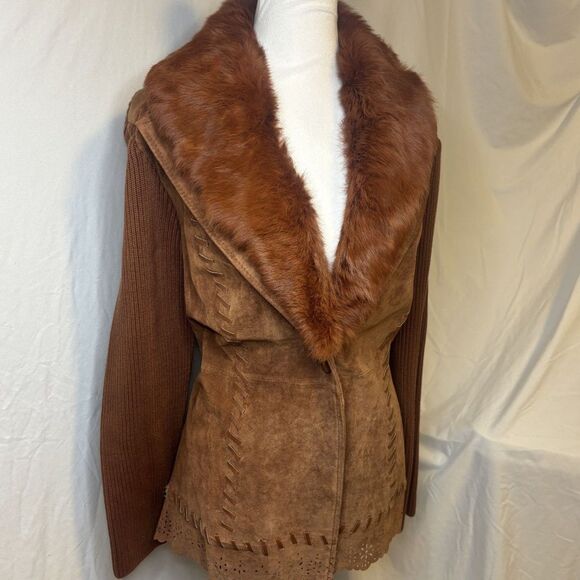 Nygard Suede Fur Knit Sweater Jacket Removable Collar Perforated Womens Brown - Picture 6 of 9